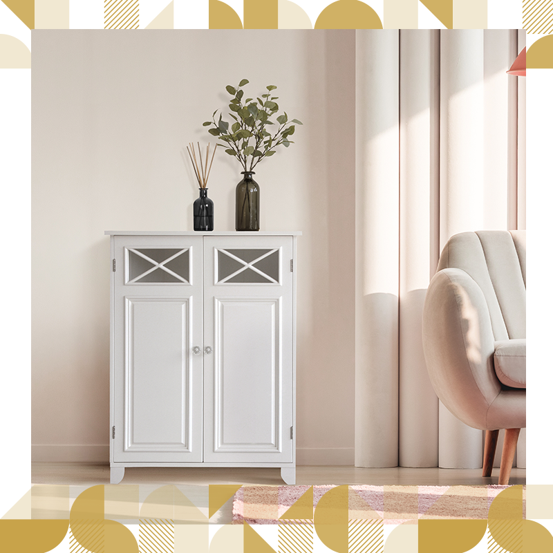 A white double door floor cabinet with beadboard and glass accents to the doors against a ivory colored wall