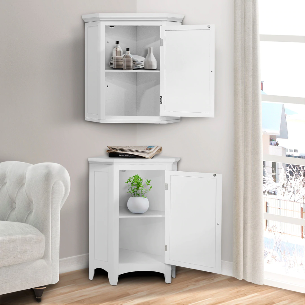 The image features two white storage units