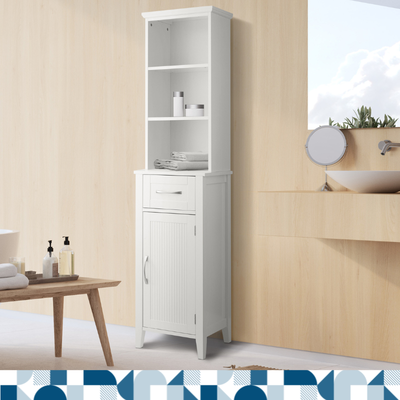 A white linen cabinet with open shelves on top, a drawer in the middle, and a cabinet with a door below in an oak-paneled bathroom.