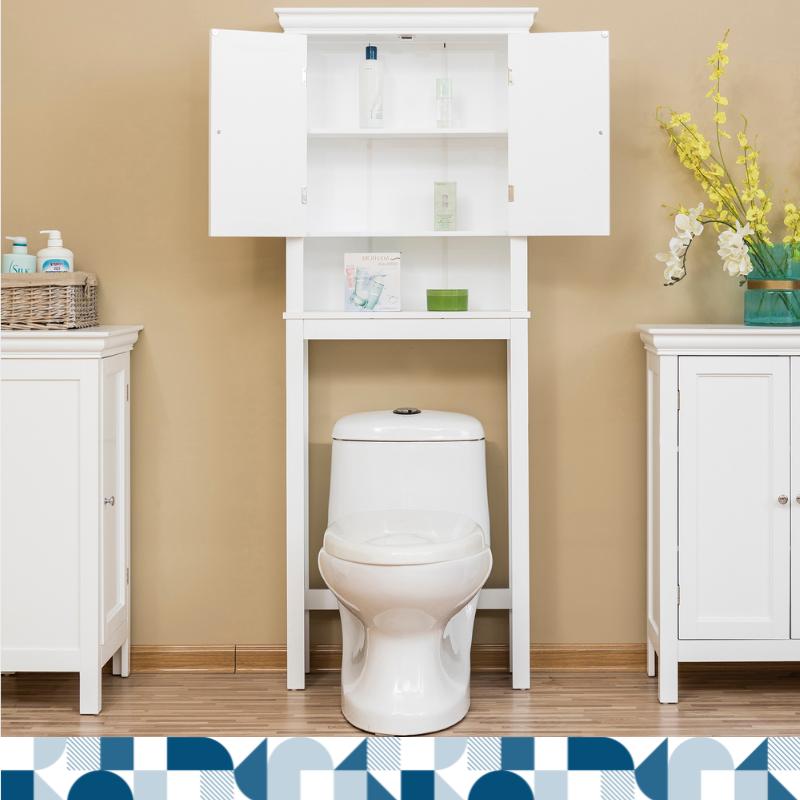 A white over-the-toilet cabinet with its doors open revealing shelves sitting behind a white toilet.
