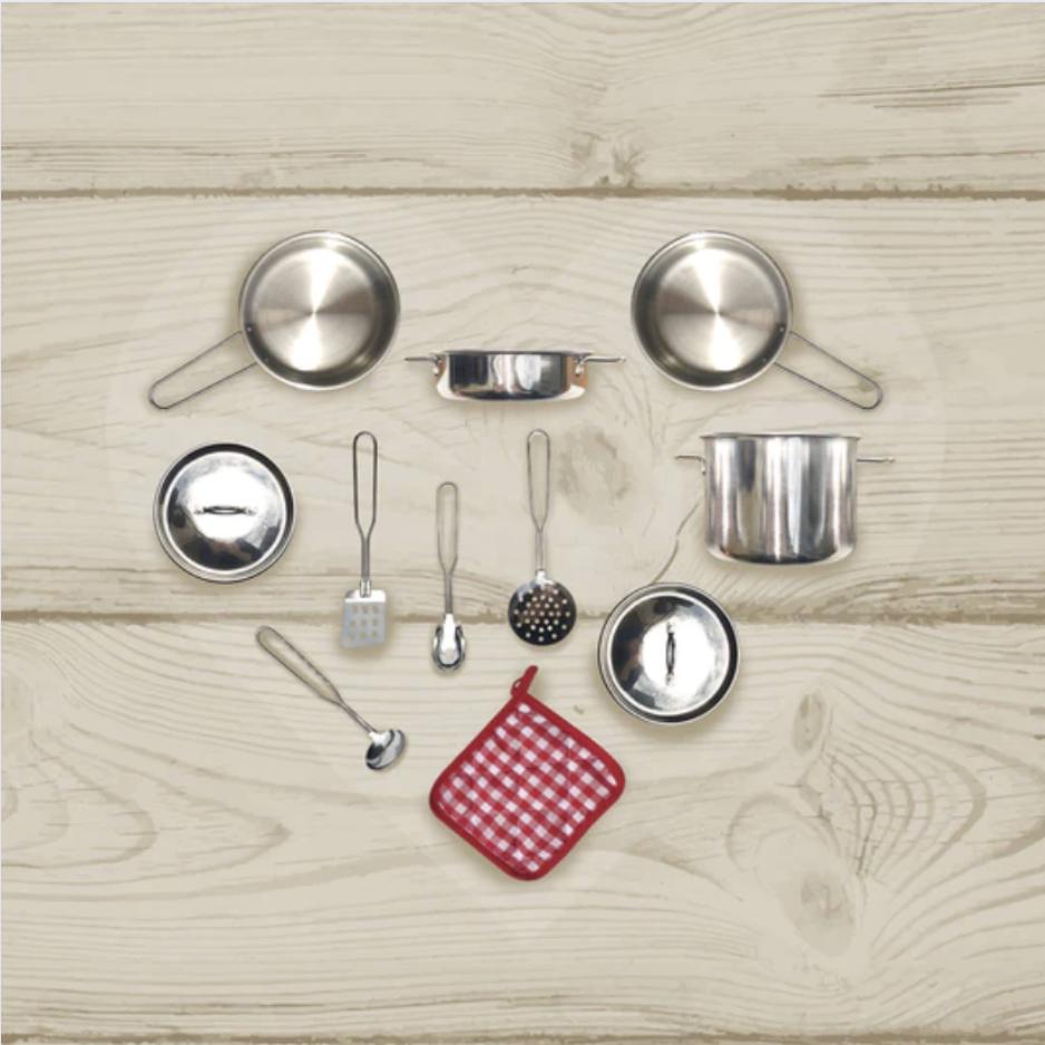 Kids toy stainless steel play pots and pans arranged in a heart formation.