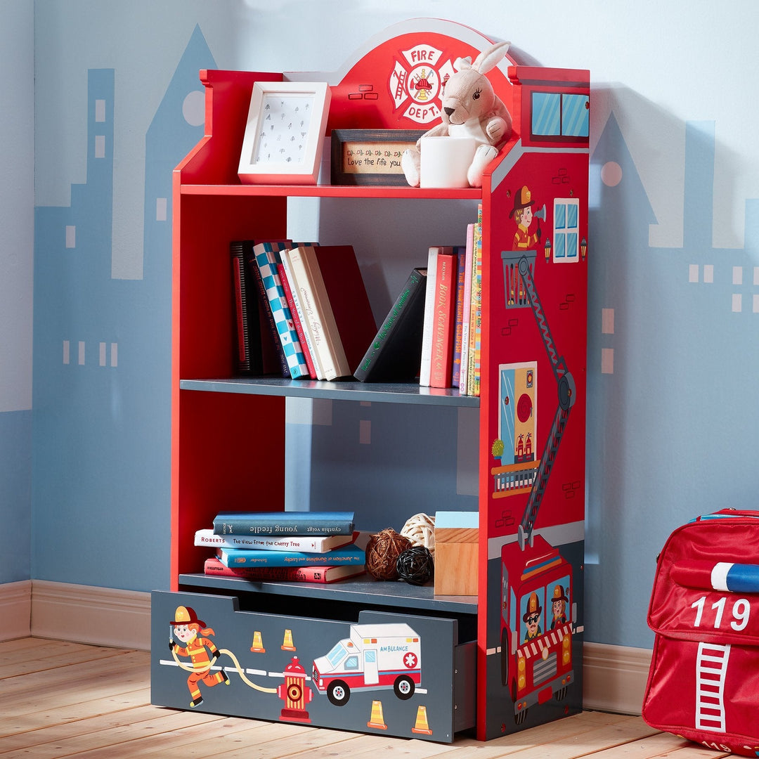 A red and gray firefighter themed kids bookcase id featured alongside a city wall-papered wall.