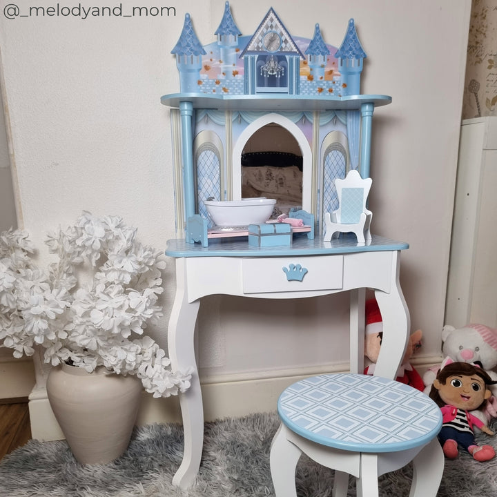Fantasy Fields Kids Dreamland Castle Vanity Set with Chair and Accessories, White/Blue
