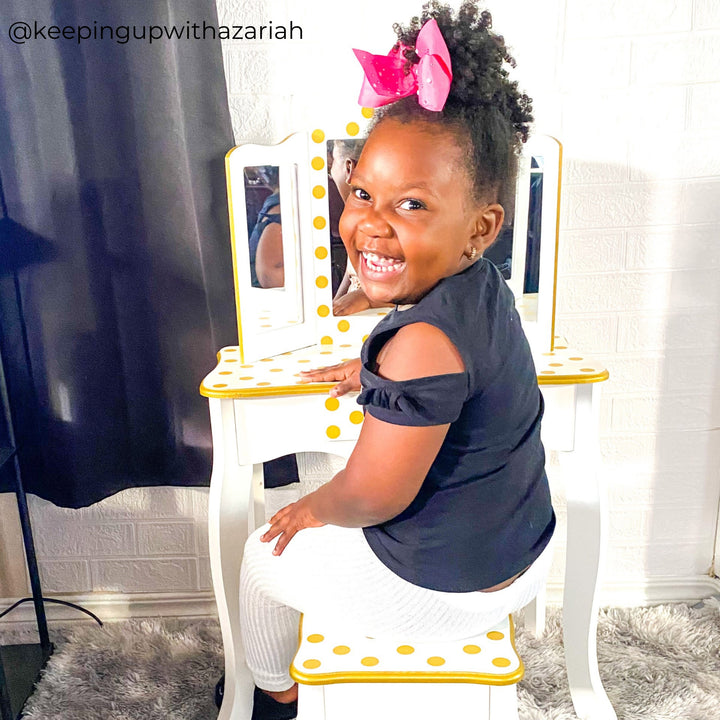 Fantasy Fields Gisele Polka Dot Kids Vanity Table & Stool, White & Gold