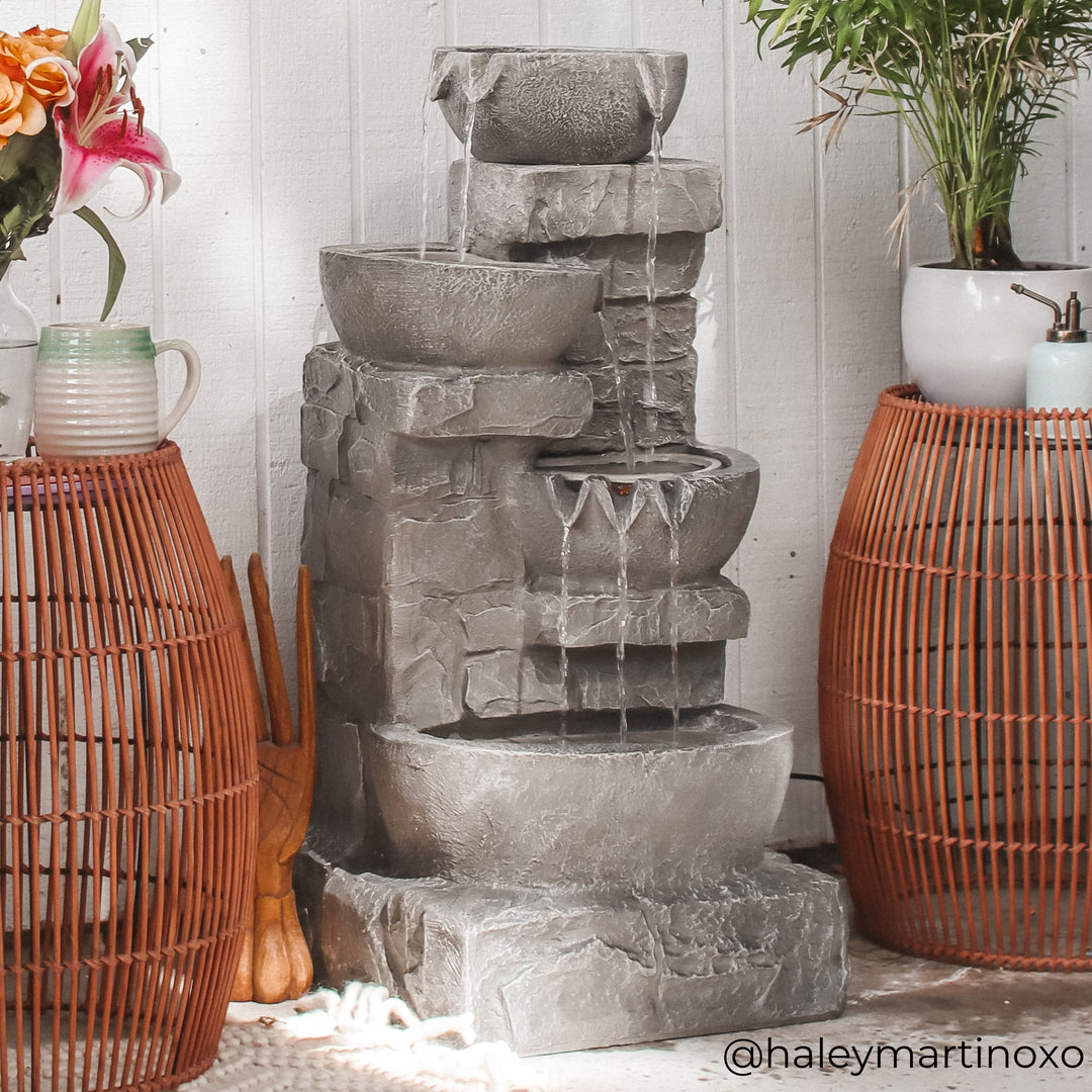 Teamson Home 33.25" Cascading Bowls & Stacked Stones LED Outdoor Water Fountain, Gray