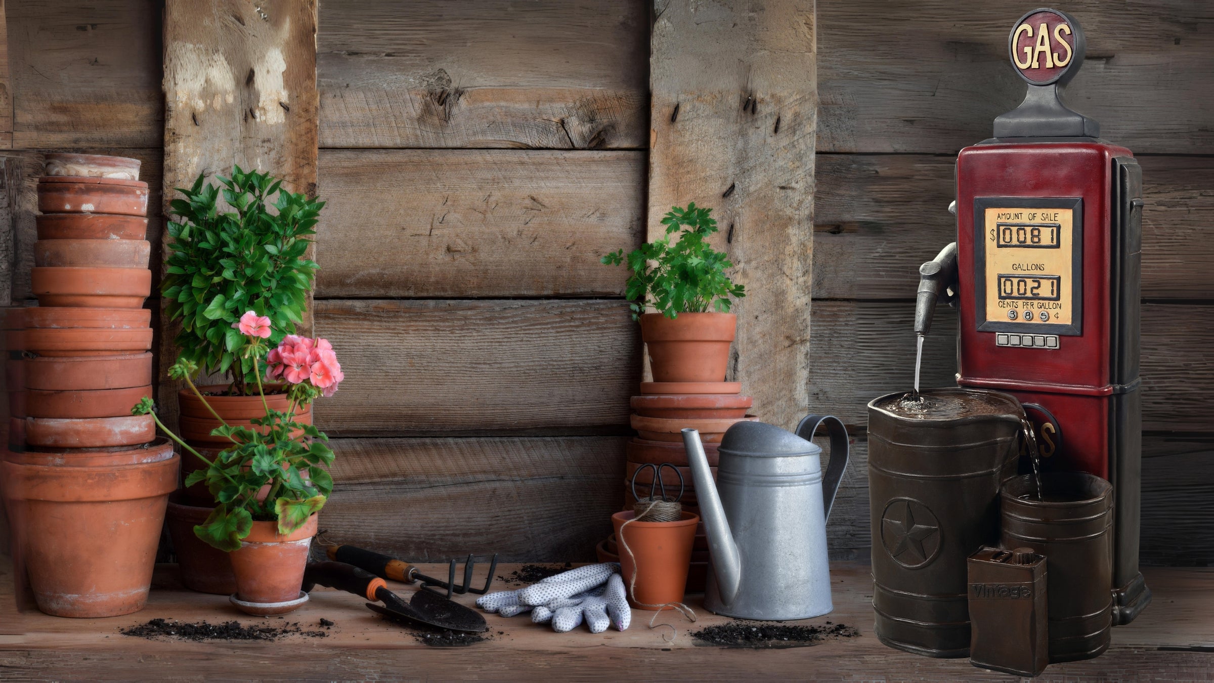 A vintage gas pump-shaped outdoor water fountain, plants and garden tools on a wooden floor