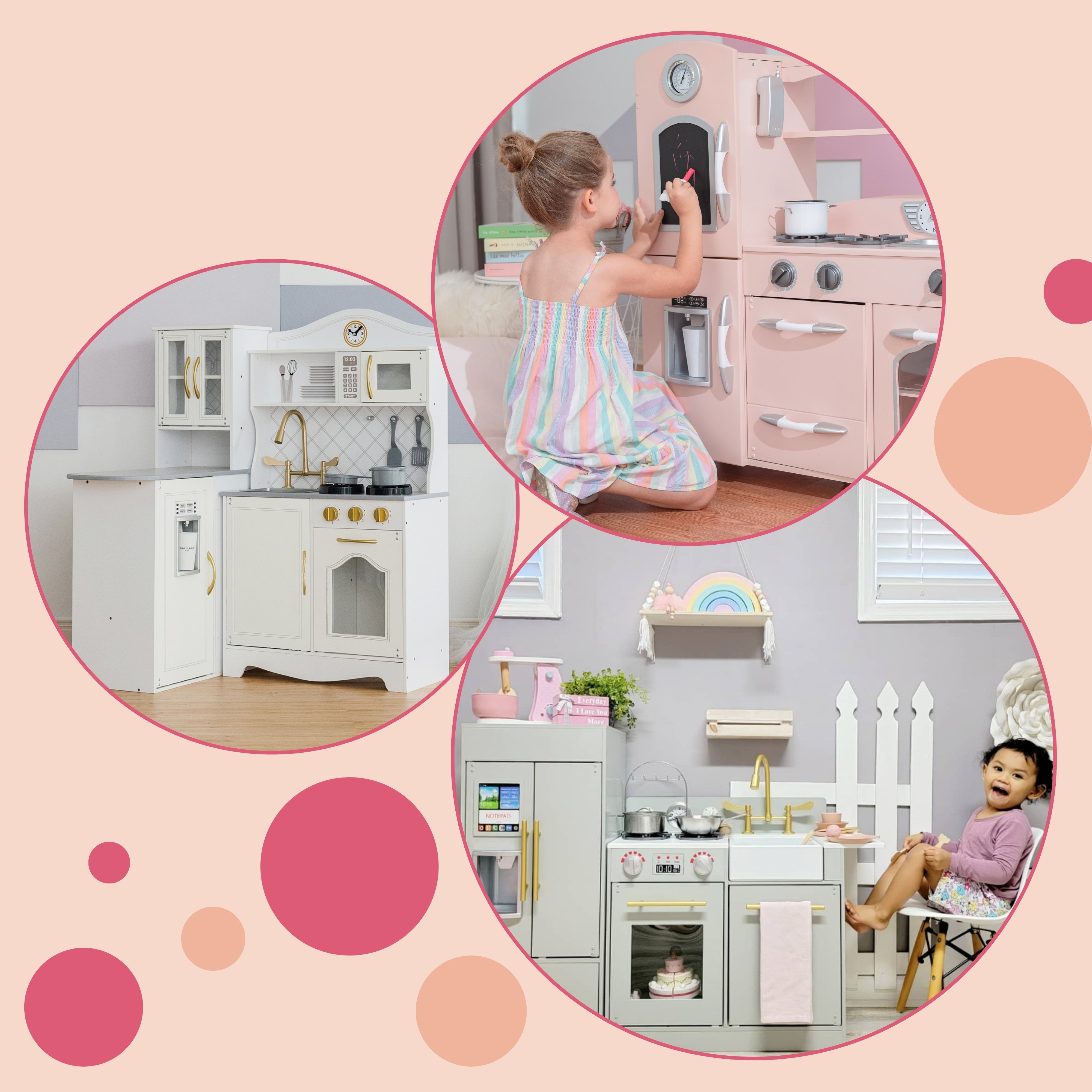 Three circular photos featuring a white and gold play kitchen, a little girl playing with a retro pink play kitchen, and a little girl sitting next to her light gray play kitchen.