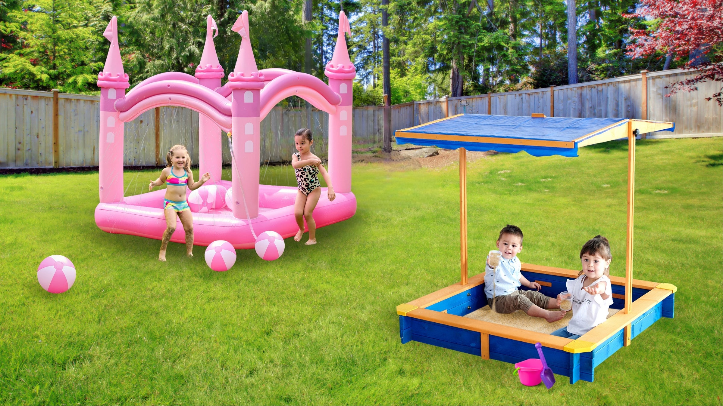 4 kids playing in a pink Inflatable kiddie pool with beach balls next to a kid's sandbox filled with toys in a backyard.