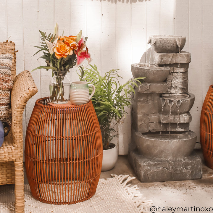 Teamson Home 20.24" Outdoor Open Weave Bohemian Bamboo Drum Side Table with Iron Top, Brown- FINAL SALE