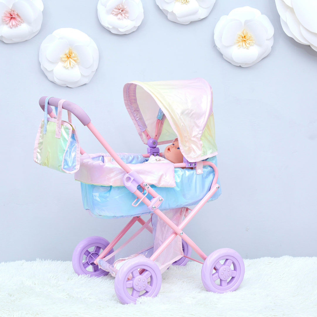 Olivia’s Little World Deluxe 2-in-1 Baby Dolls Stroller, Iridescent Rainbow