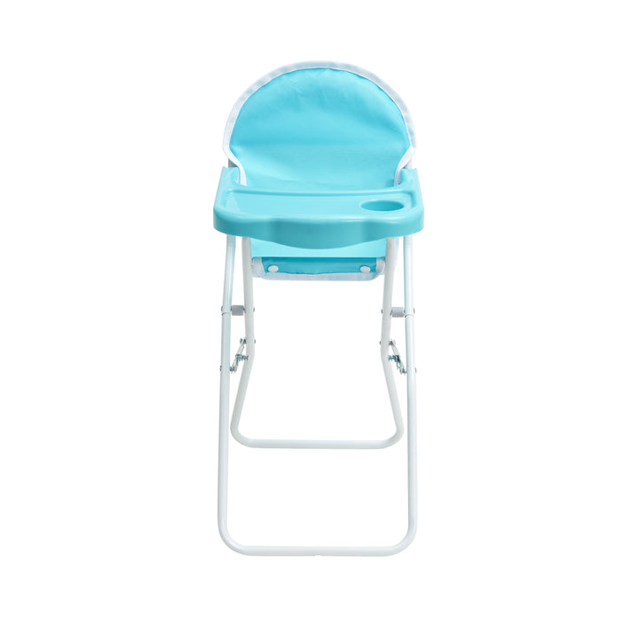 A child's play nursery high chair in white and blue