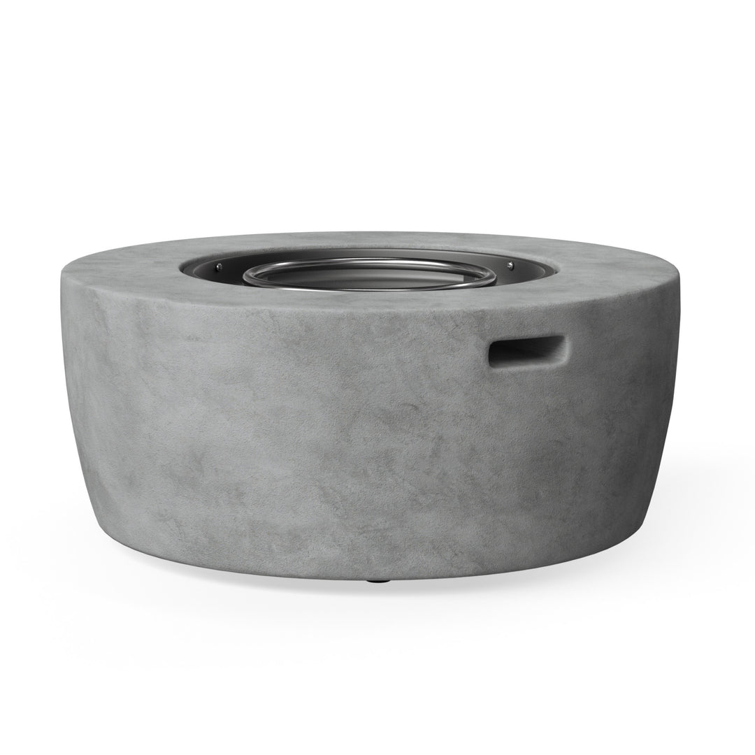 A faux concrete fire pit with a convienent handle slot