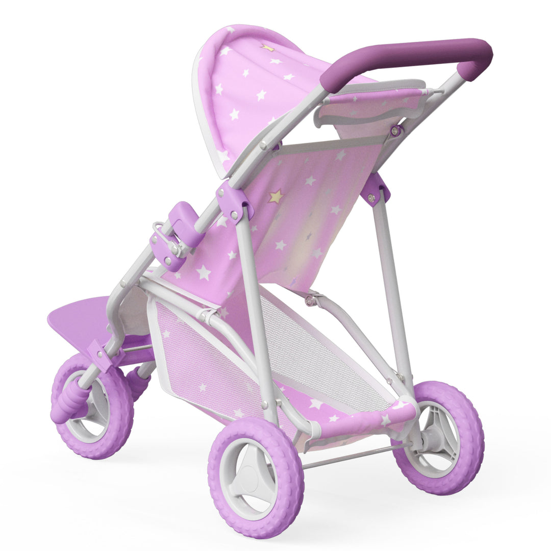 The back view of Olivia's Little World Twinkle Stars Doll Jogging Stroller, Purple.