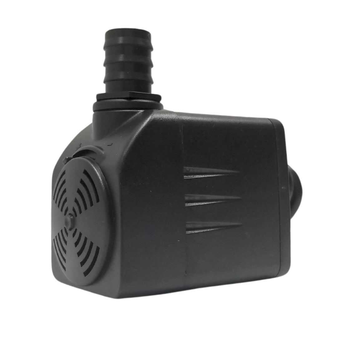 A close-up of a small black water pump with a ribbed nozzle and intake vent.