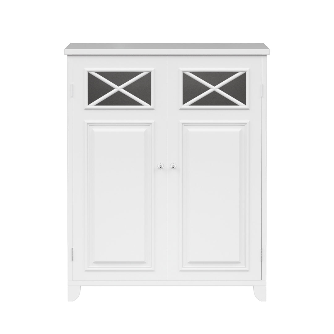 White floor cabinet with double doors, decorative X-shaped glass panels at the top, and small knobs.