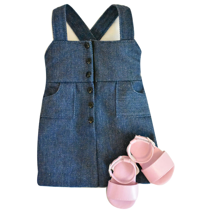A denim dress and pink sandals for an 18" doll