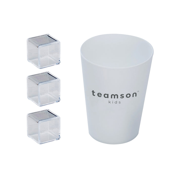 White cup with Teamson Kids Little Chef Paris Complete Kitchen Playset, White/Rose Gold logo and three clear plastic cubes designed for a play kitchen with realistic details.