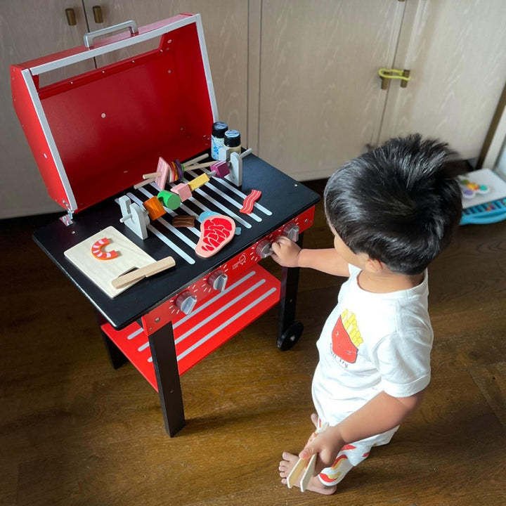 Teamson Kids Little Helper Backyard BBQ Grill Playset with 26 Cooking Accessories, Red/Black