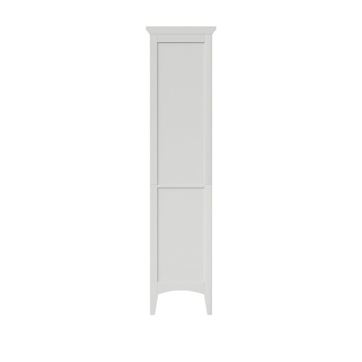 Back view of a tall white linen cabinet
