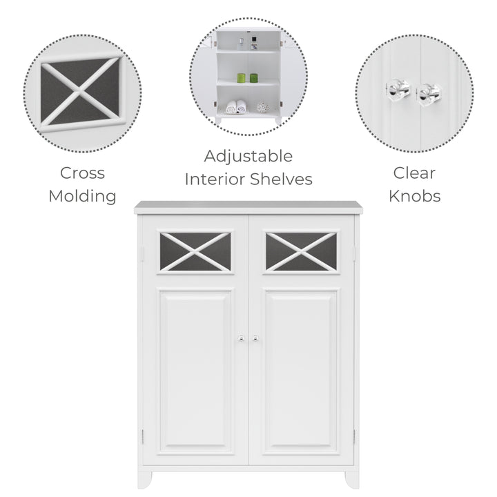 White cabinet with cross molding on doors, adjustable interior shelves, and clear knobs is displayed.