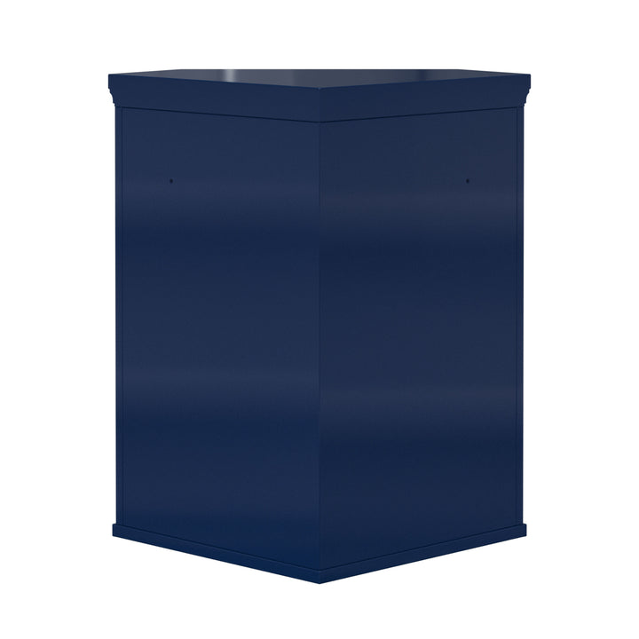 Back side of a navy blue floor cabinet.
