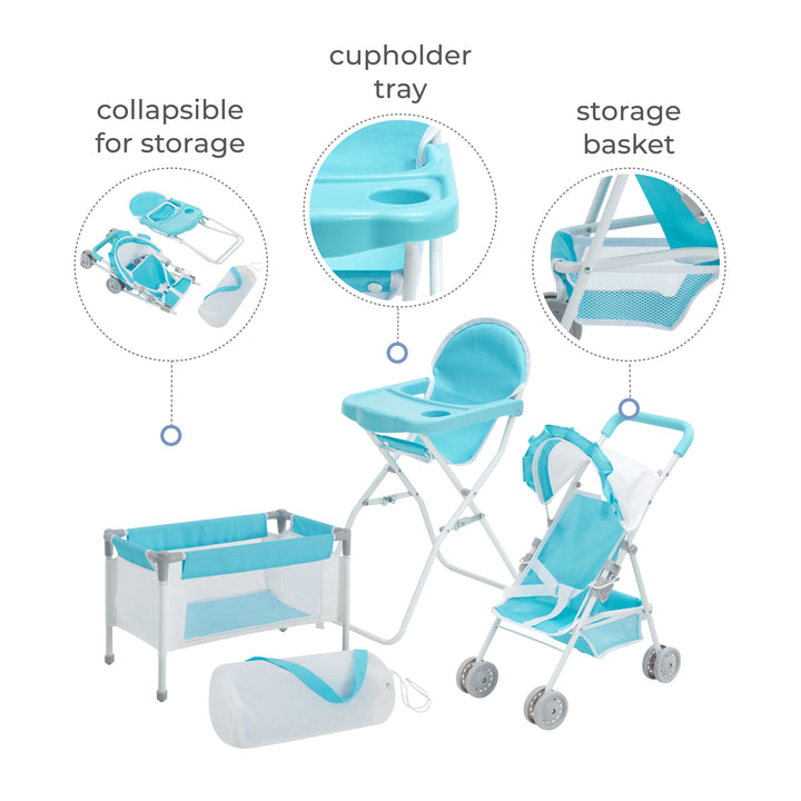 Callouts for a 3-piece child's play nursery set in white and blue - collapsible storage, cupholder and storage basket