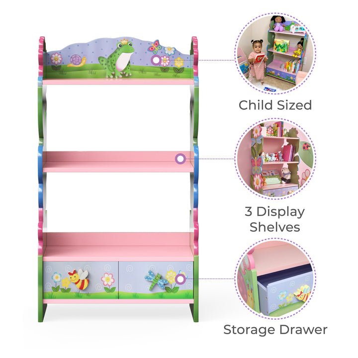 An infographic for a 3-tier bookshelf with features about sizing, number of shelves and storage drawers