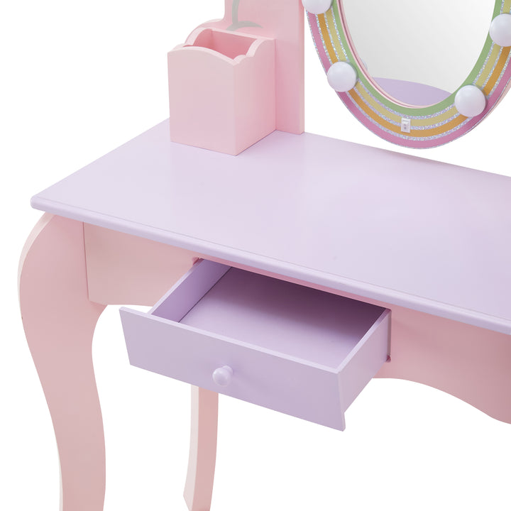 Close up of the open storage drawer in the vanity table