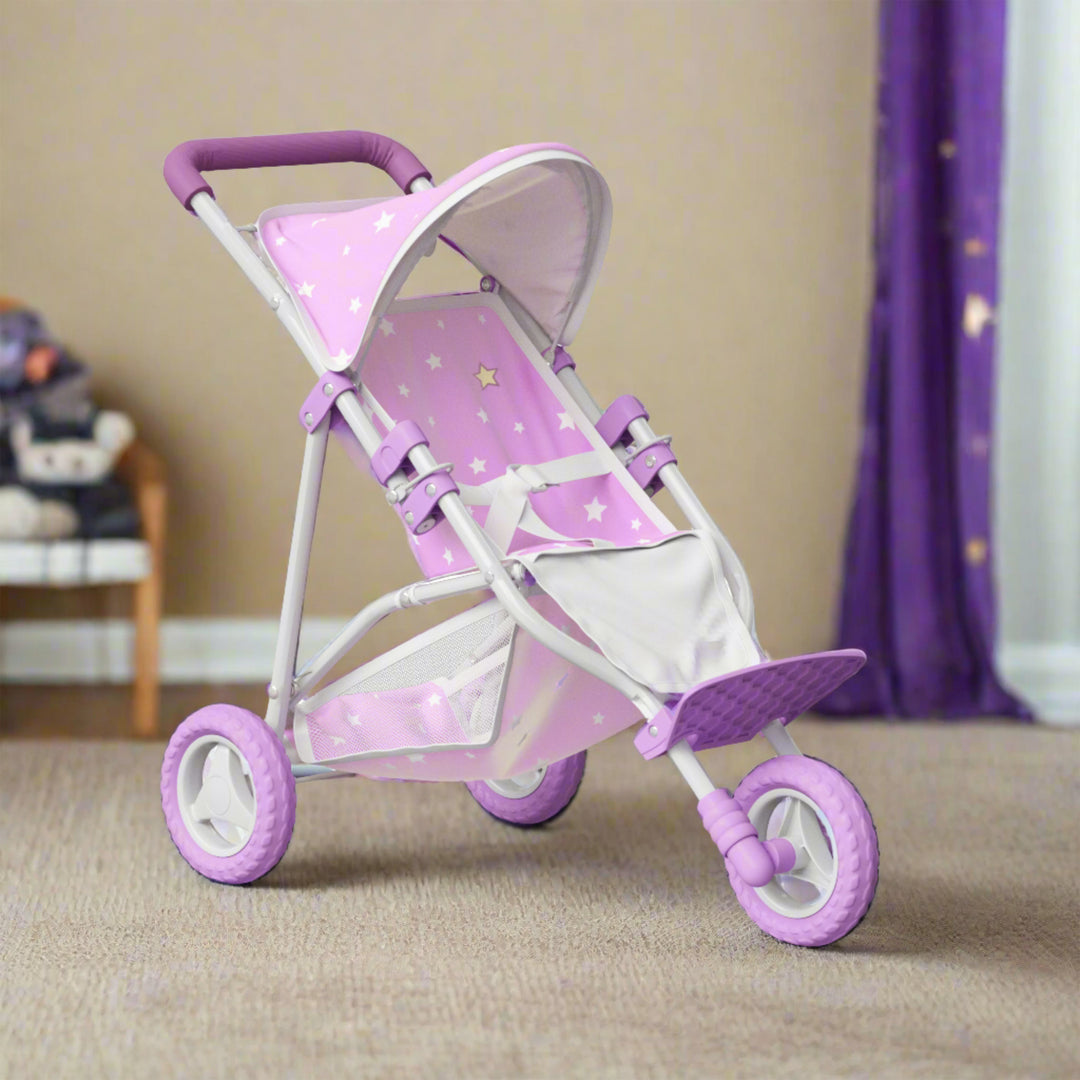 A purple Olivia's Little World Twinkle Stars Doll Jogging Stroller is standing in a kid's room