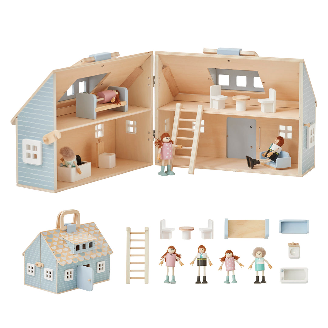 A view of the blue cottage dollhouse open with all four rooms visible and furnished. Below is a picture of the cottage closed, and the accessories that come with it: a ladder, a table and two chairs, a bed, a sofa, a toilet, a bathtub, and four poseable dolls.