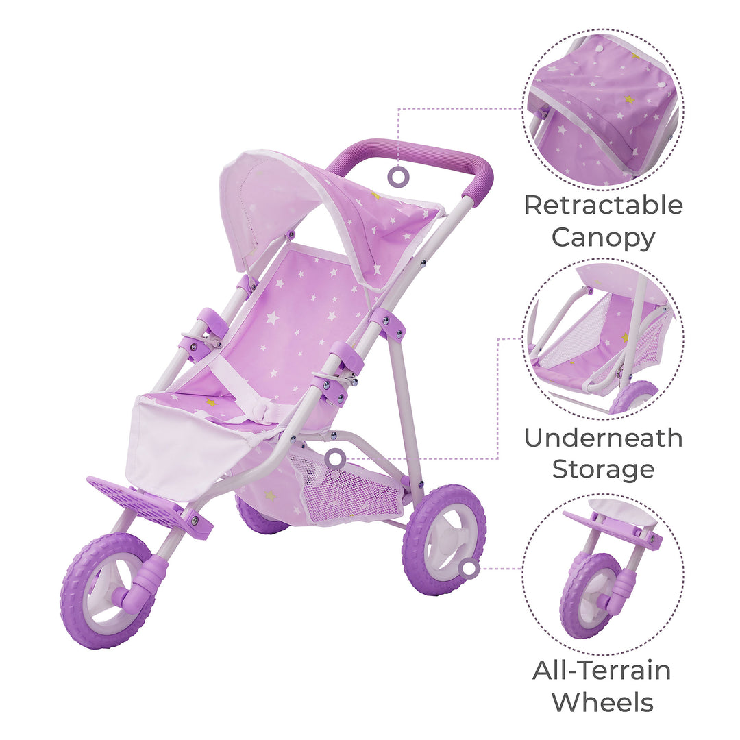 Olivia's Little World Twinkle Stars Doll Jogging Stroller features retractable canopy, underneath storage, and all-terrain wheels.