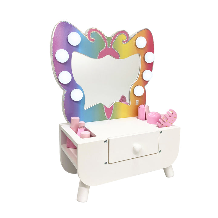 side view of the Kids Butterfly-Shaped Tabletop Vanity with LED Lights
