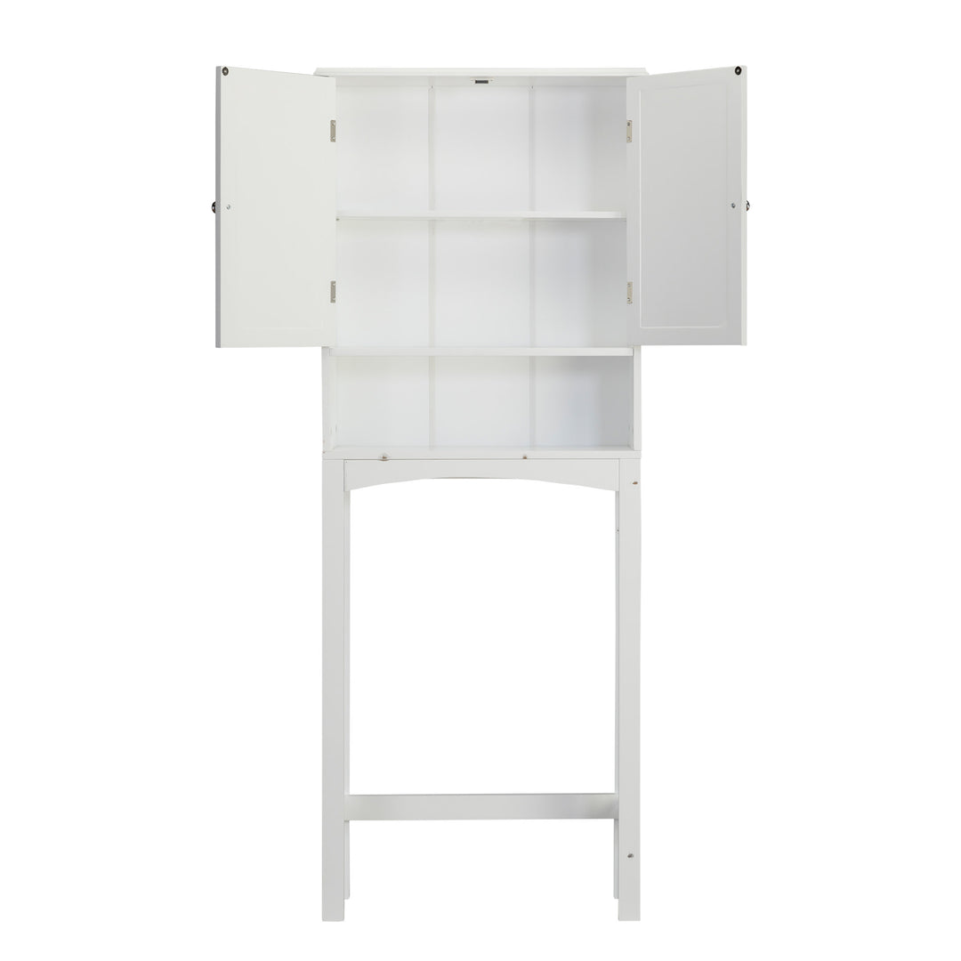 The White Teamson Home Louis Over-the-Toilet Cabinet with Louvered Doors and an Open Shelf with the cabinet doors open revealing the adjustable shelf inside