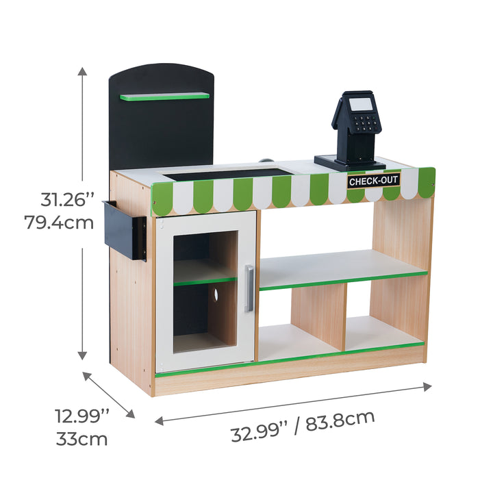 Teamson Kids Cashier Austin Interactive Play Checkout Counter Stand with 26 Accessories, Green/White/Natural Wood
