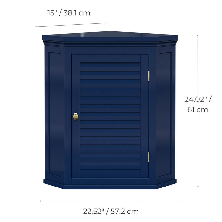 Dimensional graphic of a navy blue corner floor cabinet with gold hardware, measured in inches and centimeters.