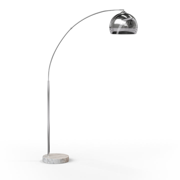 An arc lamp with a chrome lamp shade and faux white marble base