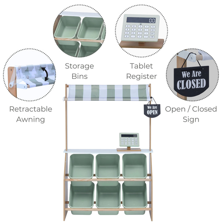 An infographic of a market stand's features - retractable awning, storage bins, tablet register, open/closed sign
