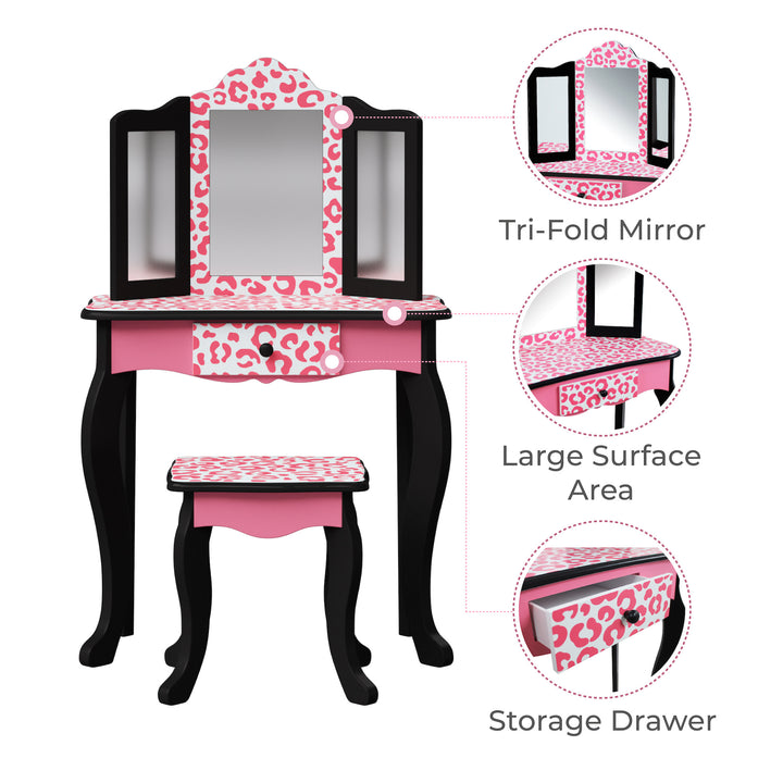 An infographic with callouts for a tri-fold mirror, large surface area, and storage drawer