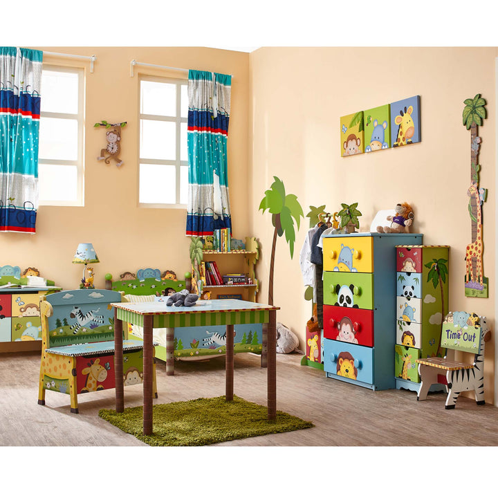 A child's room feautring the Sunny Safari collection includeing a storage chest, table lamp, bed frame, wall hangings, book shelf, dressers, stool, toy box and table.
