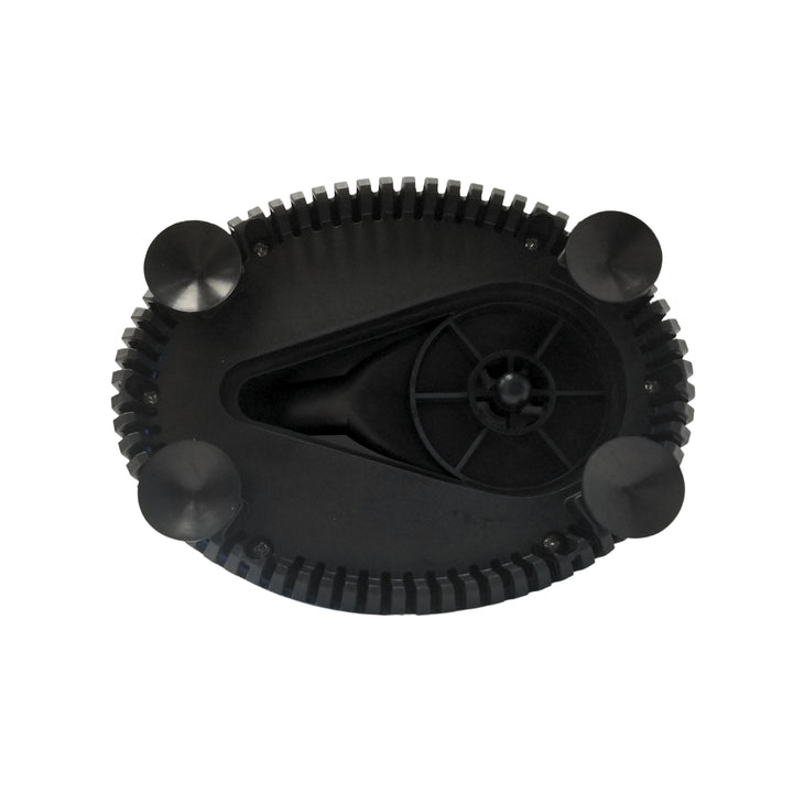 Bottom view of a black, oval-shaped submersible pump with multiple suction cups .