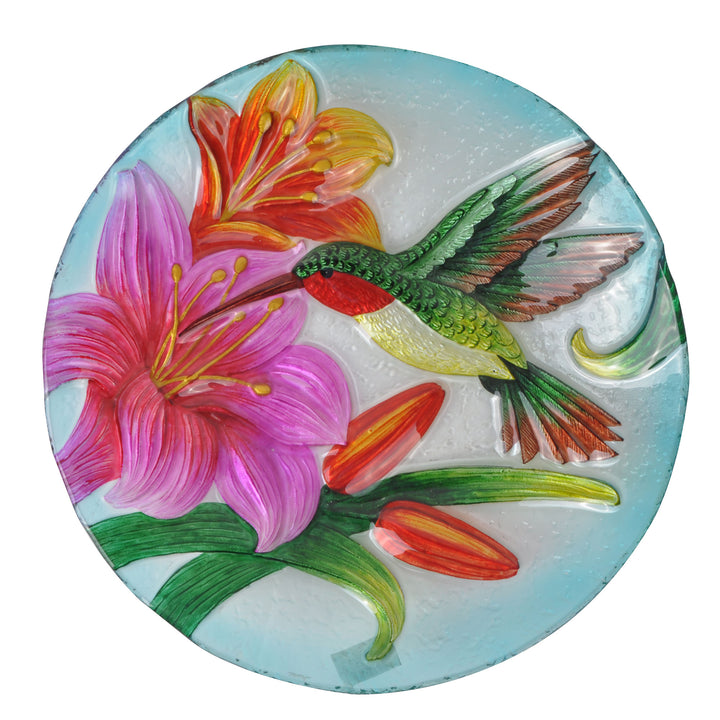 Birdseye view of the hummingbird and lily themed glass birdbath
