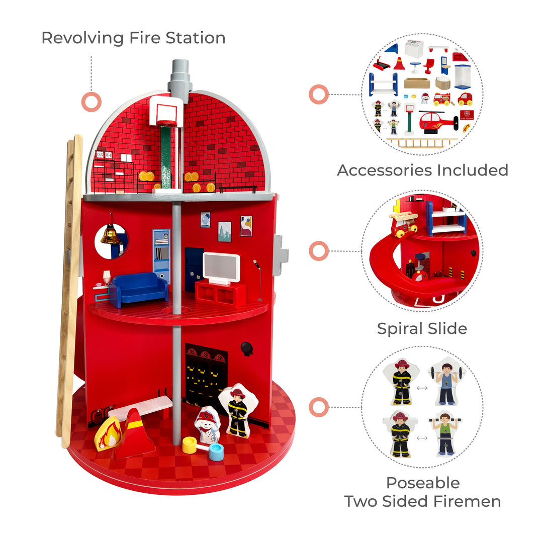 Firestation with features including spiral slide, poseable two sided firemen and accessories.