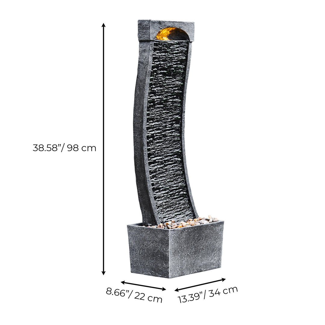 Dimensional graphic of a waterfall style water fountain in inches and centimeters