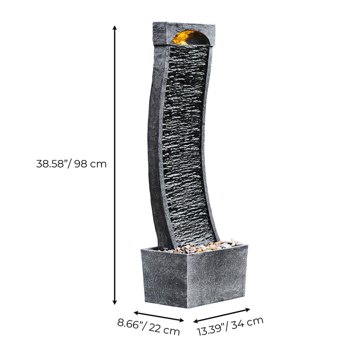 Dimensional graphic of a waterfall style water fountain in inches and centimeters