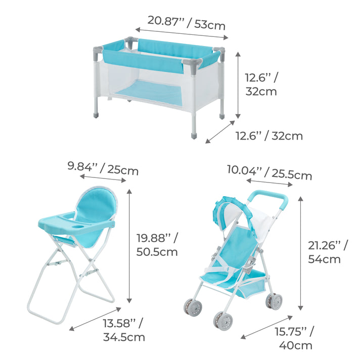 An infographic for a blue play nursery set's measurements with a crib, a high chair, and a stroller, listed in inches and centimeters.