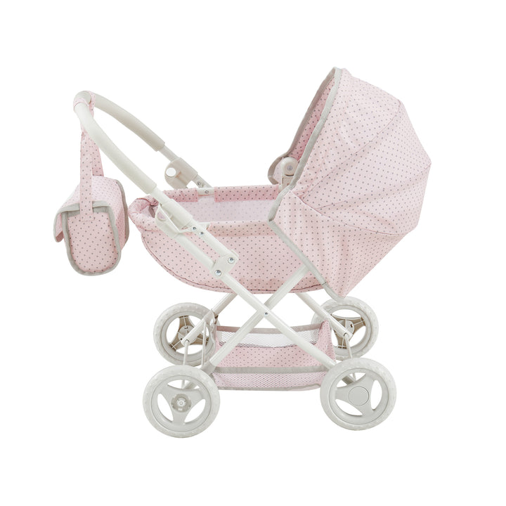 profile view of the pink basinet stroller for dolls with canopy up