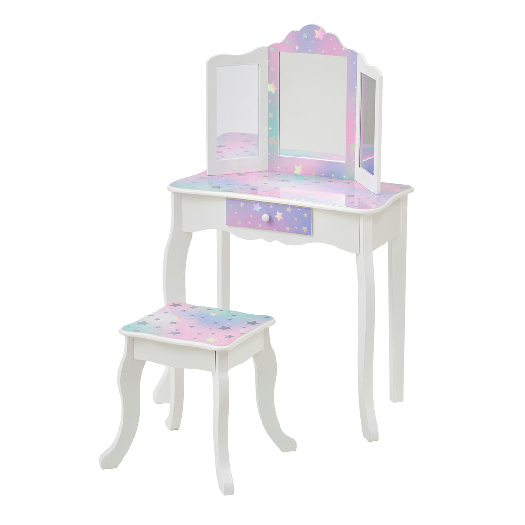 White vanity table and matching stool with iridescent accents with silver stars.