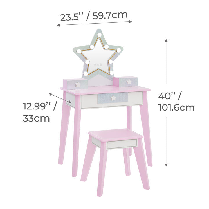 An infographic for a pink and silver play vanity table and stool measured in inches and centimeters.