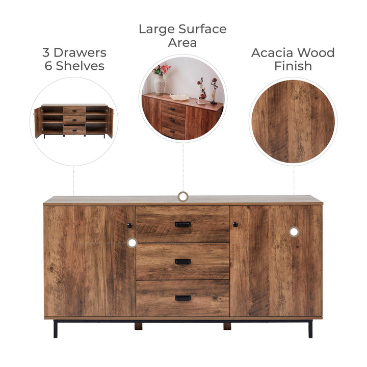 The sideboard with it's features highlighted: 2 drawers, 6 shelves, large surface area, acacia wood finish.