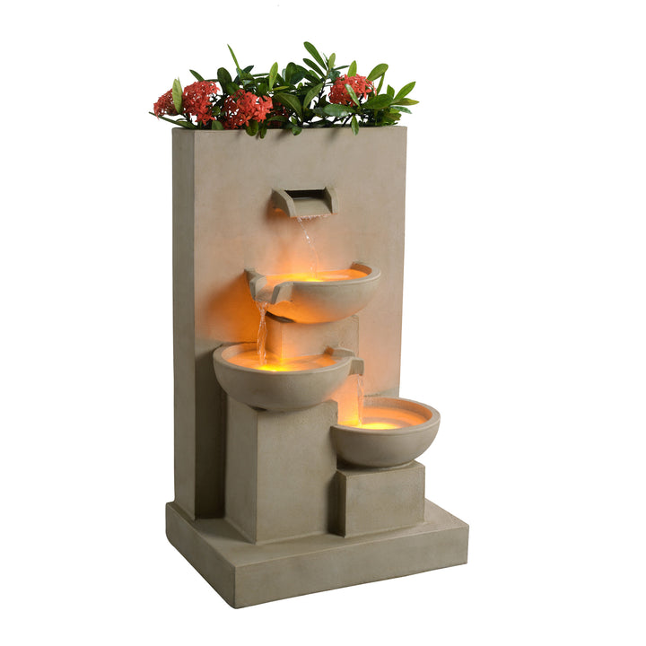Three-tiered garden fountain with illuminated water basins and an upper 29.13" Outdoor Water Fountain with Planter & LED Lights, Natural.